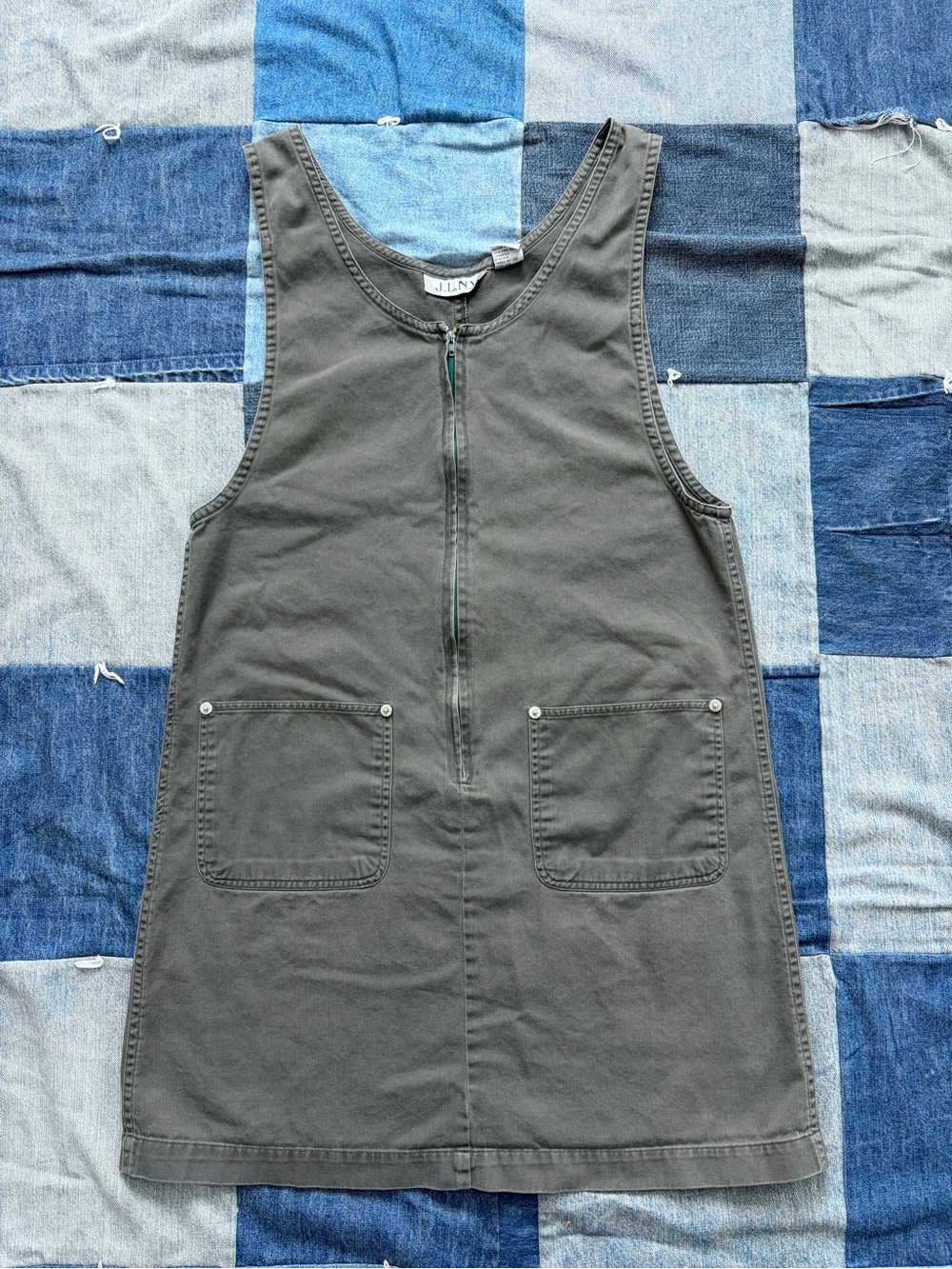 90s Vintage JLNY Green overall dress zip pocket front 100% cotton size S